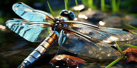 Wall Mural - The intricate patterns and textures of a dragonfly perched on a reed, its transparent wings ref