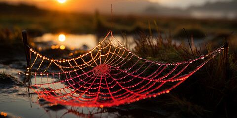 The intricate web of a spider, each strand glistening with dew in the early morning lig
