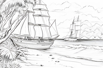 Wall Mural - Coloring pages sketch of sailing ship in tropical island with trees