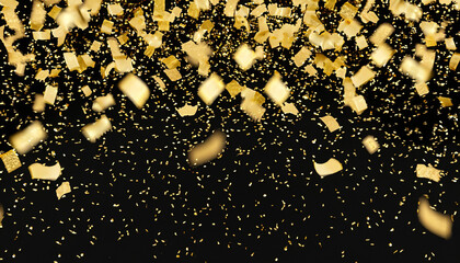 Canvas Print - Raining gold confetti isolated on black, party background concept with copy space for award ceremony