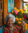 © torwaiphoto - Happy elderly woman.He is smiling. He is pointing.