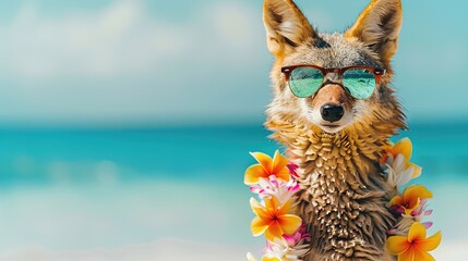 Wall Mural - Coyote wearing hawaiian floral lei and sunglasses on the beach