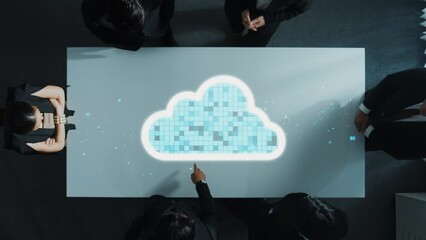 Poster - top down aerial of skilled diverse business people brainstorm plan at meeting room with computing in