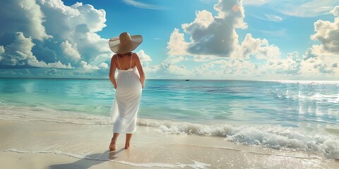 Wall Mural - Pregnant woman on the beach during spring break and summer holiday vacation. Blue skies and ocean water on the sandy shore of a tropical setting