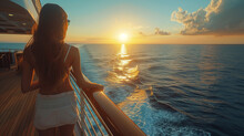 Woman On A Wooden Deck Of A Cruise Ship At Sunset, A Luxury Cruise Ship Travel Elegant Tourist Woman On The Balcony Deck Of A Luxury Yacht, Summer Vacation Cruise Ship