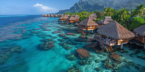 Wall Mural - tropical island in the Maldives,Over water bungalows with steps into amazing green lagoon