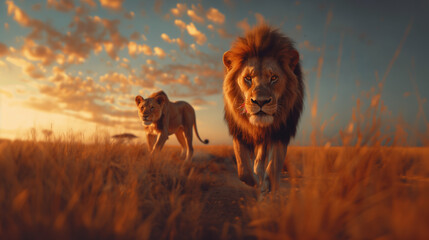 Wall Mural - leader lion walking on the safari field and the female lion walking behind.