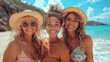 © Fokke Baarssen - diverse three young female friends walking on the seashore looking at the camera and laughing. Multiracial young women strolling along a beach having fun