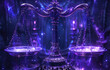 © CamiloA - Libra zodiac sign stylized with vintage scales in purple and blue neon lights on a starry background.