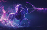 Fototapeta  - Zodiac sign Sagittarius with a stylized image of a horseman with a bow or a Centaur in purple and blue neon lights on a starry background.