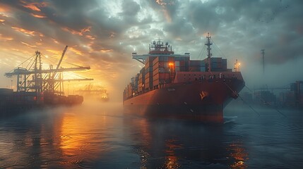 Poster - Generative AI : massive container ship is docked at an industrial port, surrounded by towering cranes and stacks of shipping containers