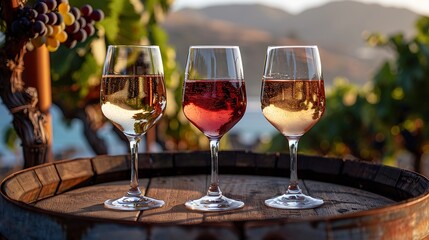 Poster - Generative AI : Three glasses with white, rose and red wine on a wooden barrel in the vineyard. Wide photo
