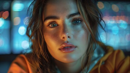 Leinwandbilder - Generative AI : hackers create deepfakes, Back view of a Cyberpunk girl types