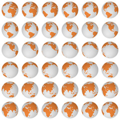 Poster - Collection of planet globes. Slanted sphere view. Rotation step 10 degrees. Solid color style. World map with sparse graticule lines on bright background. Classic vector illustration.