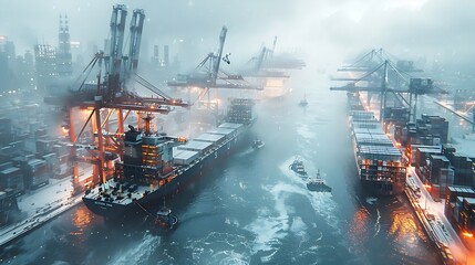 Poster - Generative AI : ship surrounded by towering cranes and stacks of shipping containers