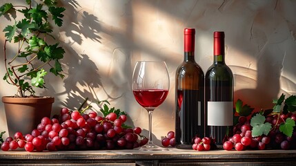 Poster - Generative AI : Ripe grapes, wine glasses and bottles of wine isolated on white