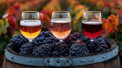 Poster - Generative AI : Three glasses with white, rose and red wine on a wooden barrel in the vineyard. Wide photo