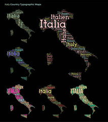 Poster - Italy. Set of typography style country illustrations. Italy map shape build of horizontal and vertical country names. Vector illustration.