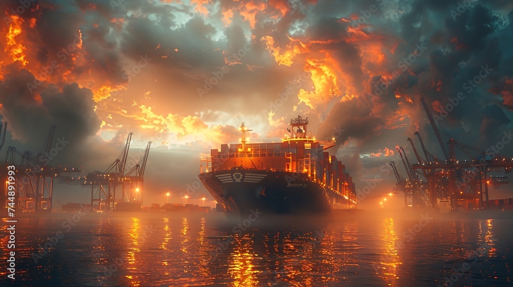 Generative AI : massive container ship is docked at an industrial port ...