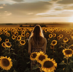 Junge hübsche Frau steht in einem Feld voller Sonnenblumen, Konzept farbenfroher Sommer