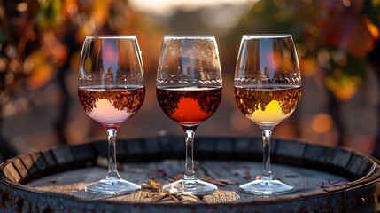 Poster - Generative AI : Three glasses with white, rose and red wine on a wooden barrel in the vineyard. Wide photo
