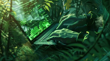 Side view of male hands typing on laptop keyboard with green plant tropical leaves and bokeh light background