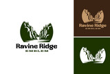 Fototapeta  - Ravine Ridge Emblem logo with stunning view perfect for travel brochures, website backgrounds, nature-themed designs, and outdoor advertisements.