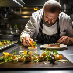 Wall Mural - A close-up of a chef preparing a gourmet dish.