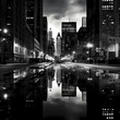 A dramatic black and white cityscape with reflections.
