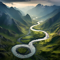 Wall Mural - A dramatic aerial view of a winding river through mountains.