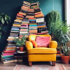 Wall Mural - A stack of colorful books on a cozy reading nook. 