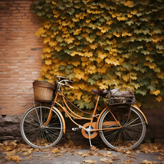 Sticker - A vintage bicycle leaning against a brick wall covered in ivy.