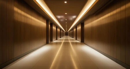 Wall Mural -  Elegant hallway with warm lighting and wooden walls