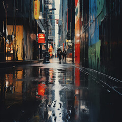 Poster - Abstract reflections in a rain-soaked urban street