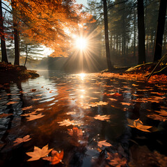 Poster - Sunlight streaming through autumn leaves.