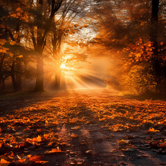 Wall Mural - Sunlight streaming through autumn leaves.