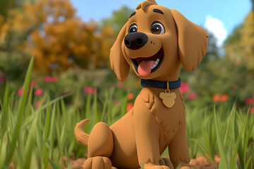 Sticker - Cute dog 3d cartoon illustration, adorable puppy in a room scene