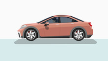 Concept Vector Illustration Of Detailed Side Of A Flat Soft Red Sedan Car. With Shadow Of Car. Can View Interior Of Car With Driving Man. Isolated Two Tone Background.