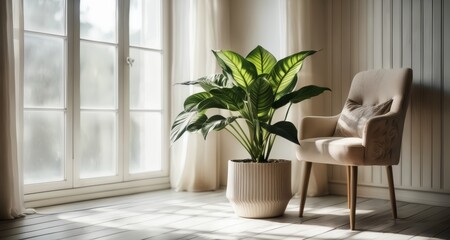 Sticker -  Elegant indoor setting with a potted plant and a stylish chair