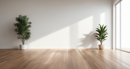 Wall Mural -  Modern minimalist living room with natural light and greenery