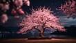 Pink Cherry Blossoms tree on the lakeside at night
