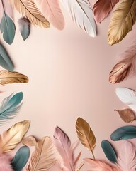 Poster - Colorful and gold feathers frame on pink background. Flat lay, top view. 