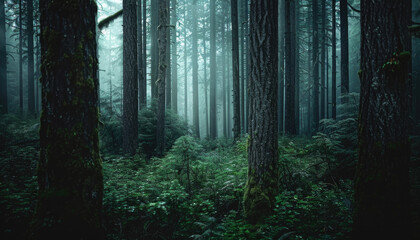  Photo of a pacific northwest forrest on a rainy day, foggy and mystic mountain forrest, gloomy dark forest during a foggy day, North Vancouver, British Columbia, Canada, European forrest