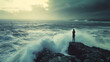 Silhueta resiliente Pessoa contemplando o oceano durante um pôr do sol turbulento transmitindo calma e determinação