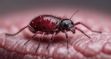 Sticker -  A close-up of a vibrant red and black spider on a pink surface