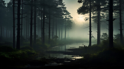Wall Mural - A foggy morning in a pine forest.