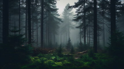  A foggy morning in a pine forest.
