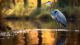 Fototapeta  - A heron wading in a shallow pond.