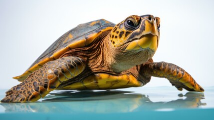 Poster - A turtle is sitting on top of a blue surface. Generative AI.