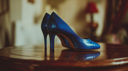 A pair of blue high heel leather stilettos rests on a wooden table.